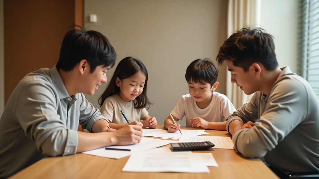 Family sitting together reviewing financial documents and planning budget at home