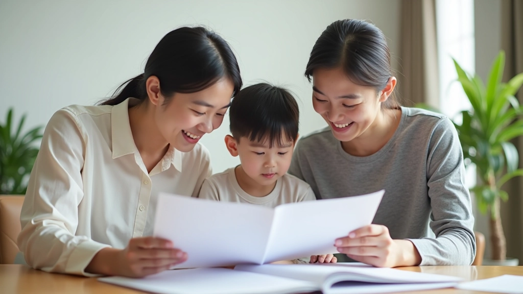 Happy family looking at documents together with smiles, celebrating financial progress