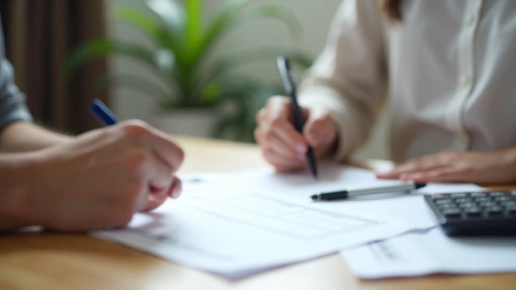 Person reviewing apartment rental agreement and lease documents at home with pen and calculator